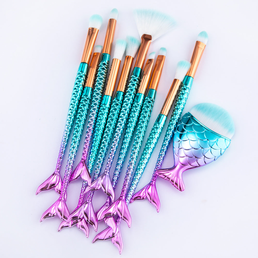 11pcs Mermaid Makeup Brushes Kit - Foundation, Eyebrow & Eyeliner Brushes - ShreeBliss