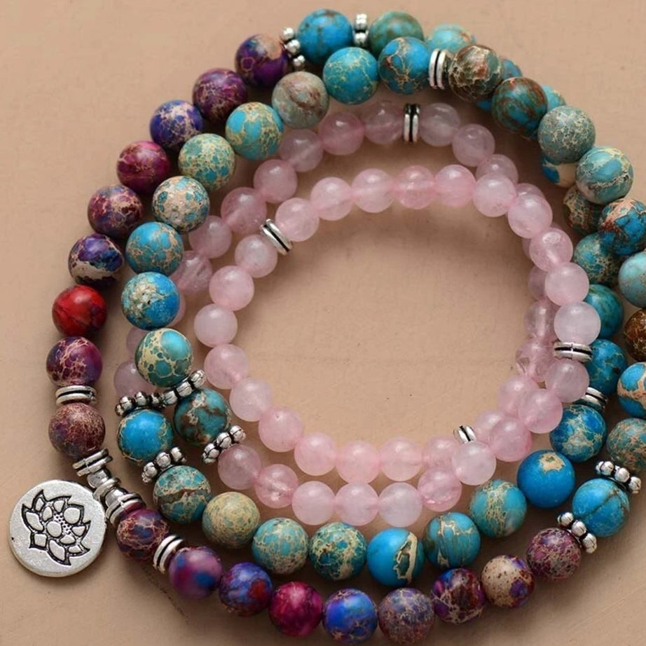 Amazing Stone Tiger Eye Stone Bracelet Necklace 108 Buddha Beads Lotus Bracelet - ShreeBliss