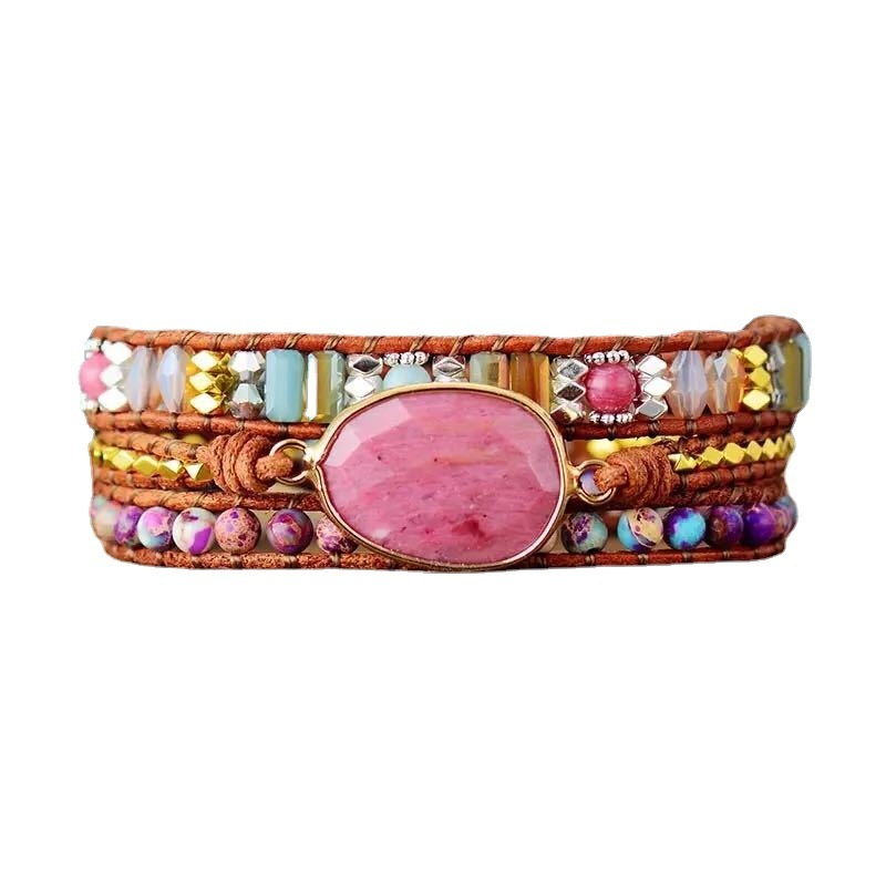 Ethnic Red Wood Grain Leather Crystal Bracelet – ShreeBliss