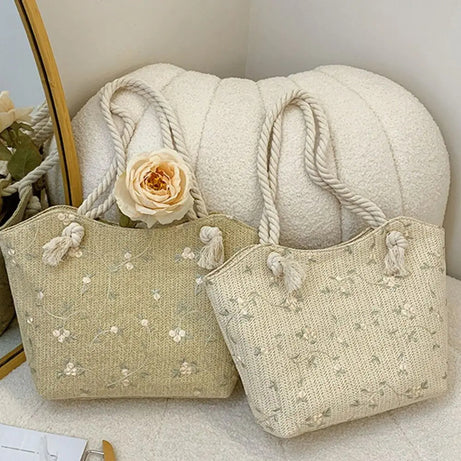 New Simple Straw Shoulder Bag with Lace & Flower Design - Large Capacity Fashion Women’s Handbag - ShreeBliss