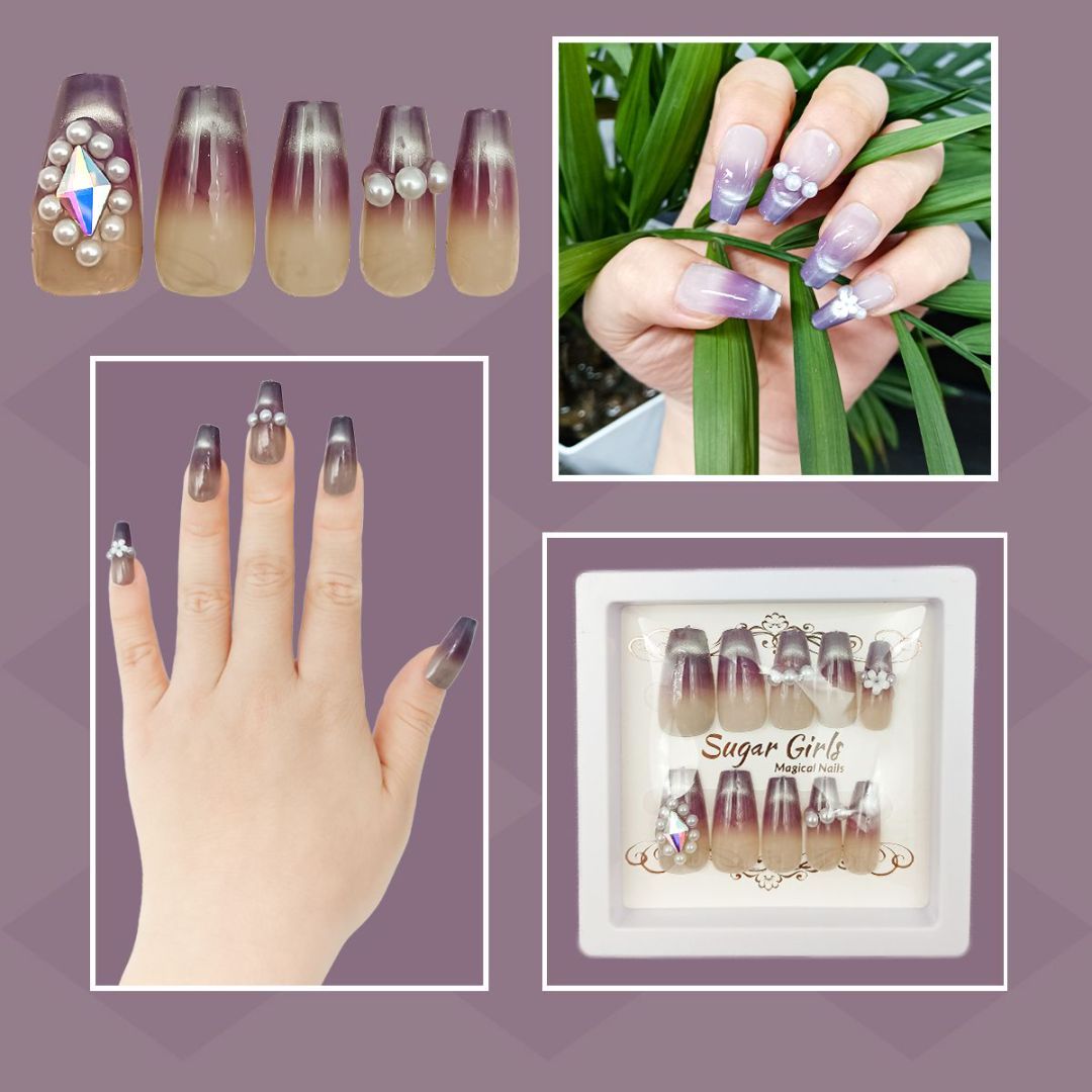 Eggplant Color Pearl & Diamond Nail Set - ShreeBliss