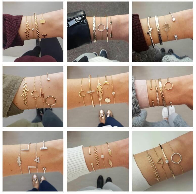 Gold & Silver Crystal Leaf Moon Arrow Bracelet Set – ShreeBliss