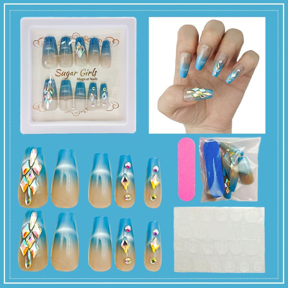 Blue Nail Plates with Diamonds Set - ShreeBliss