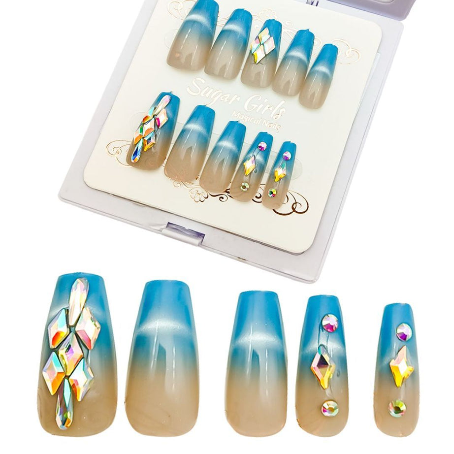 Blue Nail Plates with Diamonds Set - ShreeBliss