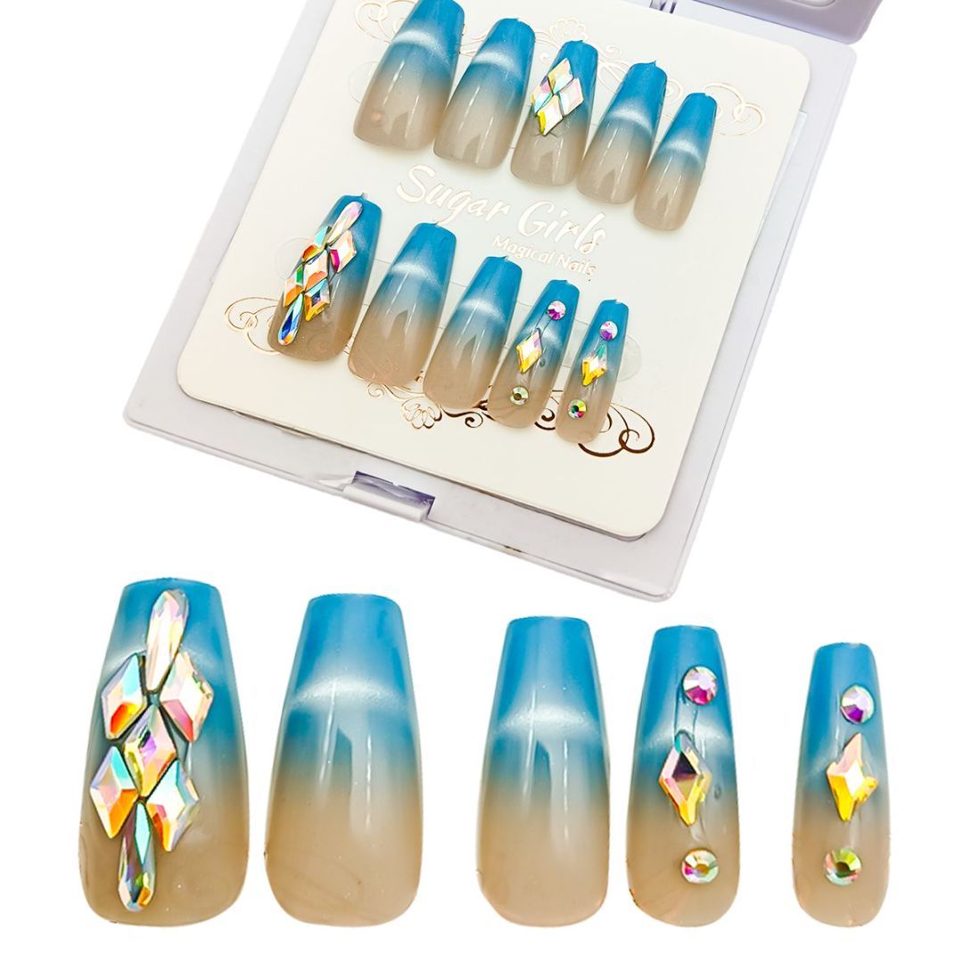 Blue Nail Plates with Diamonds Set - ShreeBliss