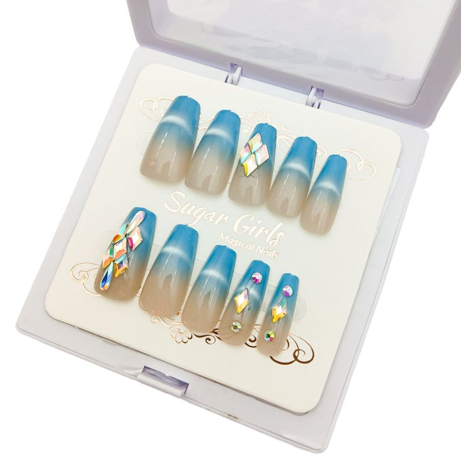 Blue Nail Plates with Diamonds Set - ShreeBliss