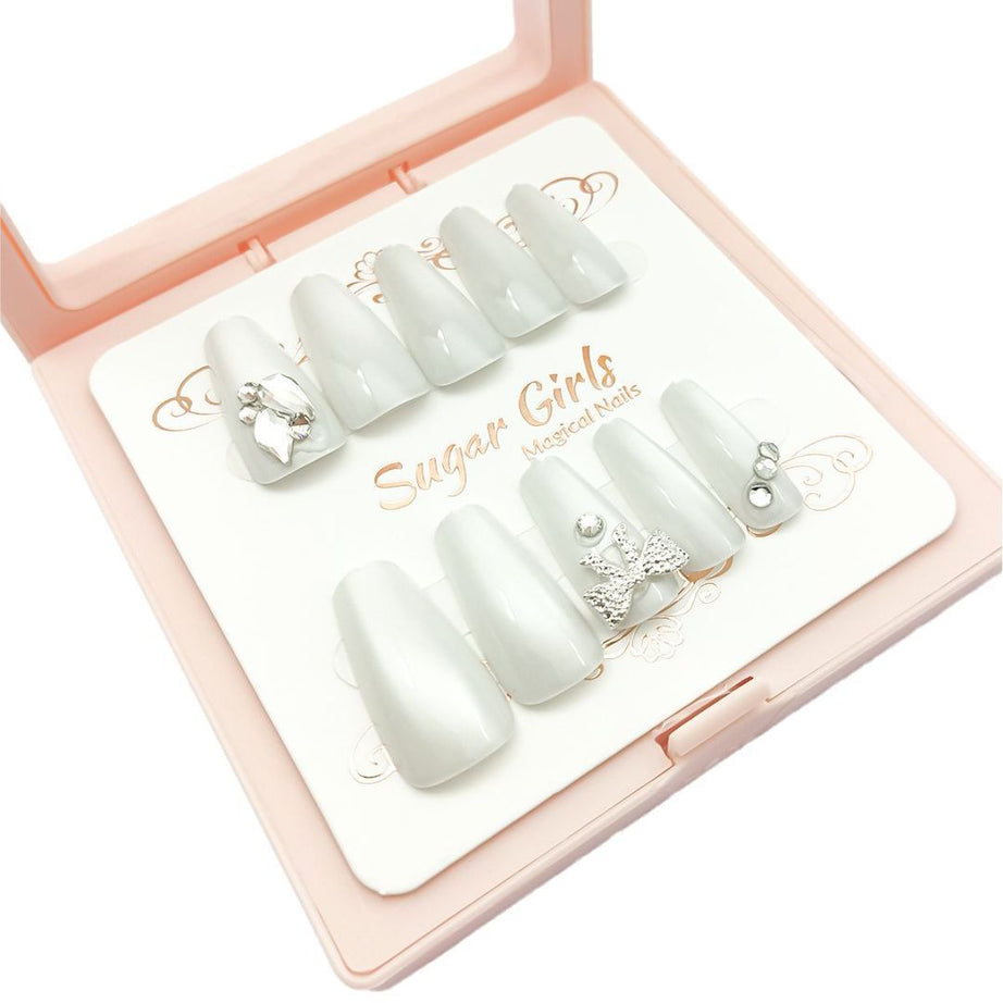 Silver Collar Inlaid White Nails - ShreeBliss