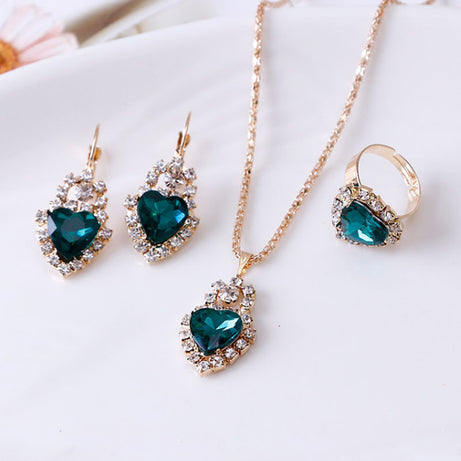 Water drop rhinestone necklace earrings ring set - ShreeBliss