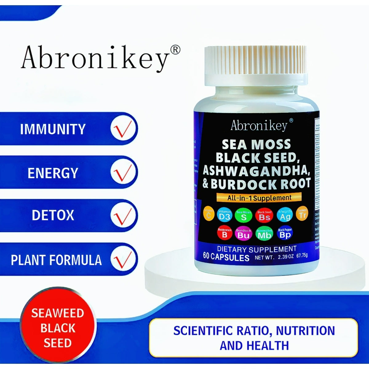 Abronikey Sea Moss 60 Capsules - Immune & Digestive Support, Rich in Vitamins & Minerals - ShreeBliss
