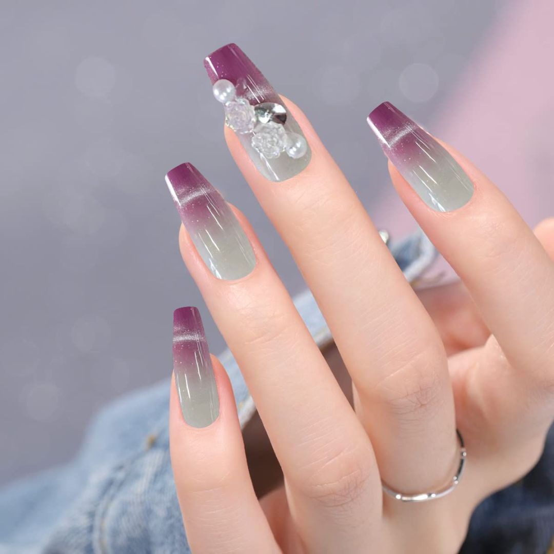 Dark Red Nails Inlaid with Small White Pieces - ShreeBliss