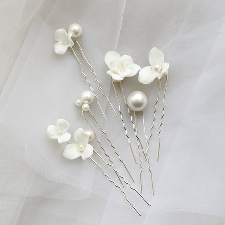 Ceramic Flower Pearl Bridal Hairpin – ShreeBliss