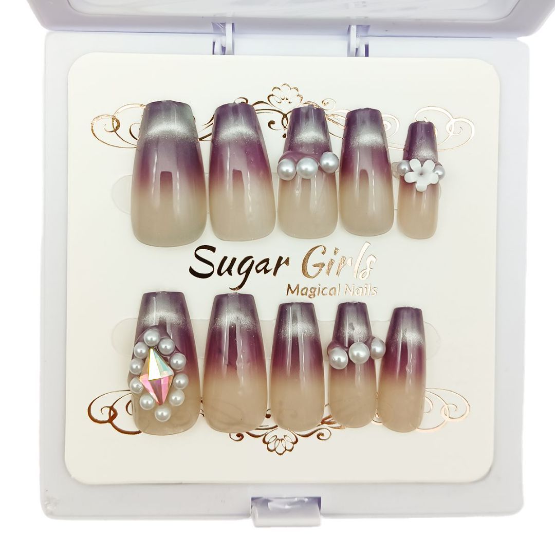 Eggplant Color Pearl & Diamond Nail Set - ShreeBliss