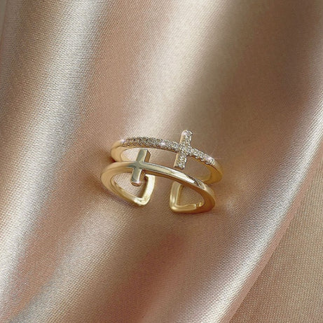 Double Cross Miniature Copper Inlaid Zircon Ring - ShreeBliss