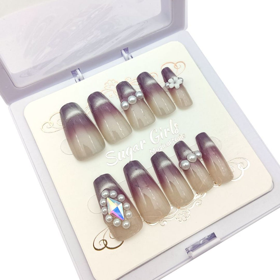 Eggplant Color Pearl & Diamond Nail Set - ShreeBliss