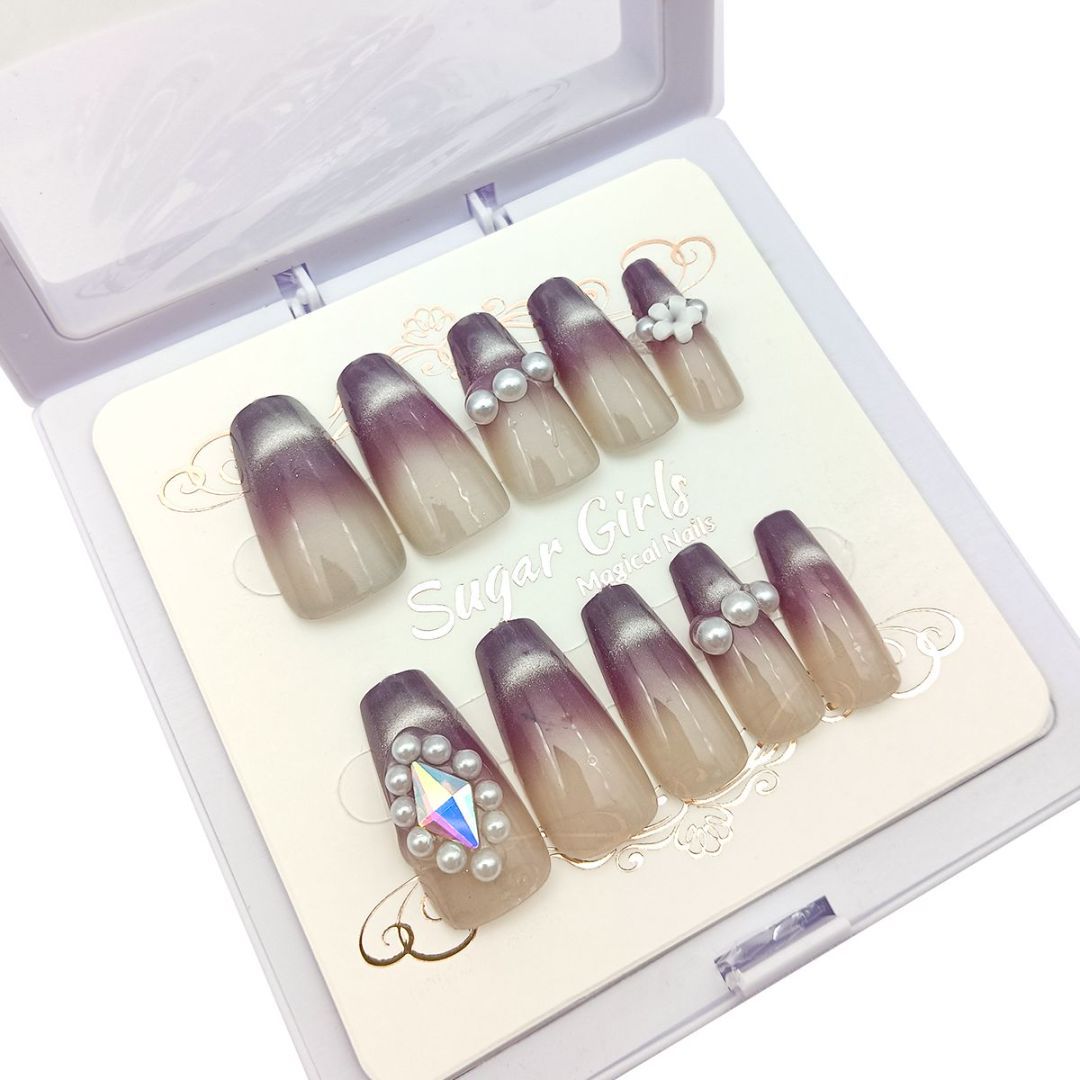 Eggplant Color Pearl & Diamond Nail Set - ShreeBliss