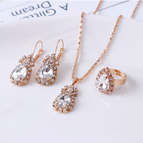 Water drop rhinestone necklace earrings ring set - ShreeBliss