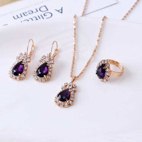 Water drop rhinestone necklace earrings ring set - ShreeBliss