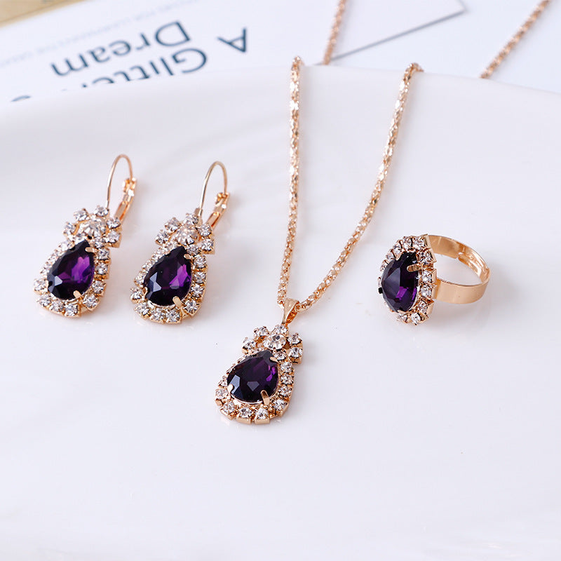 Water drop rhinestone necklace earrings ring set - ShreeBliss