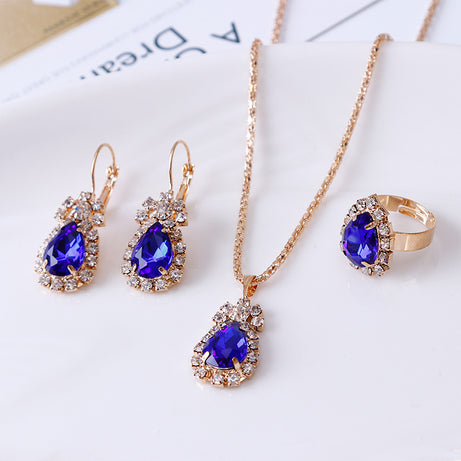 Water drop rhinestone necklace earrings ring set - ShreeBliss