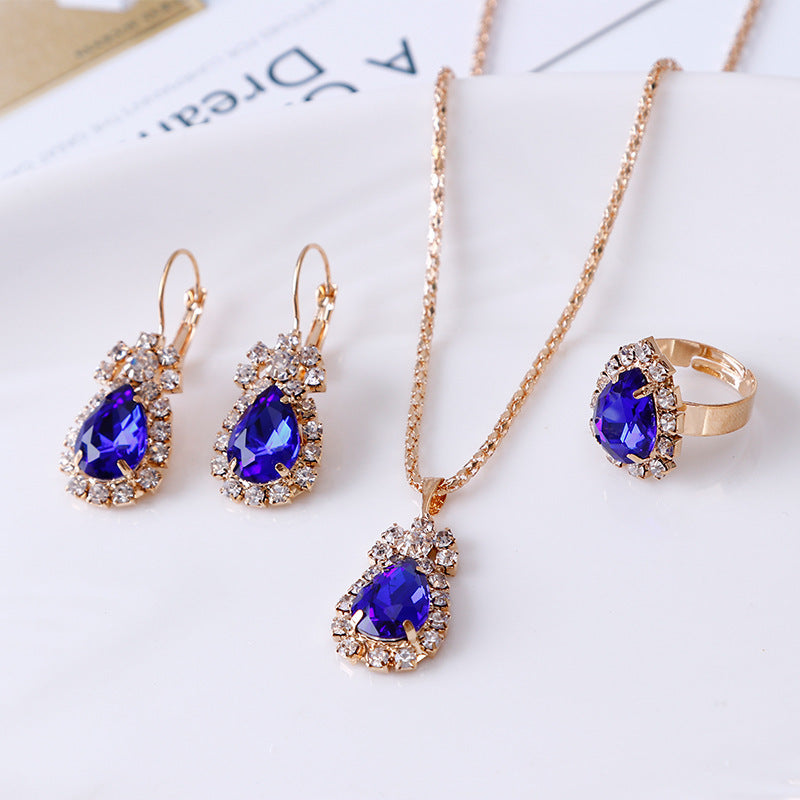 Water drop rhinestone necklace earrings ring set - ShreeBliss
