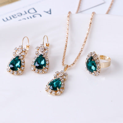 Water drop rhinestone necklace earrings ring set - ShreeBliss