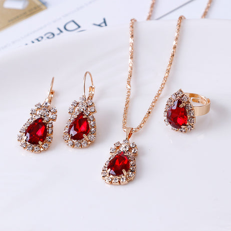 Water drop rhinestone necklace earrings ring set - ShreeBliss