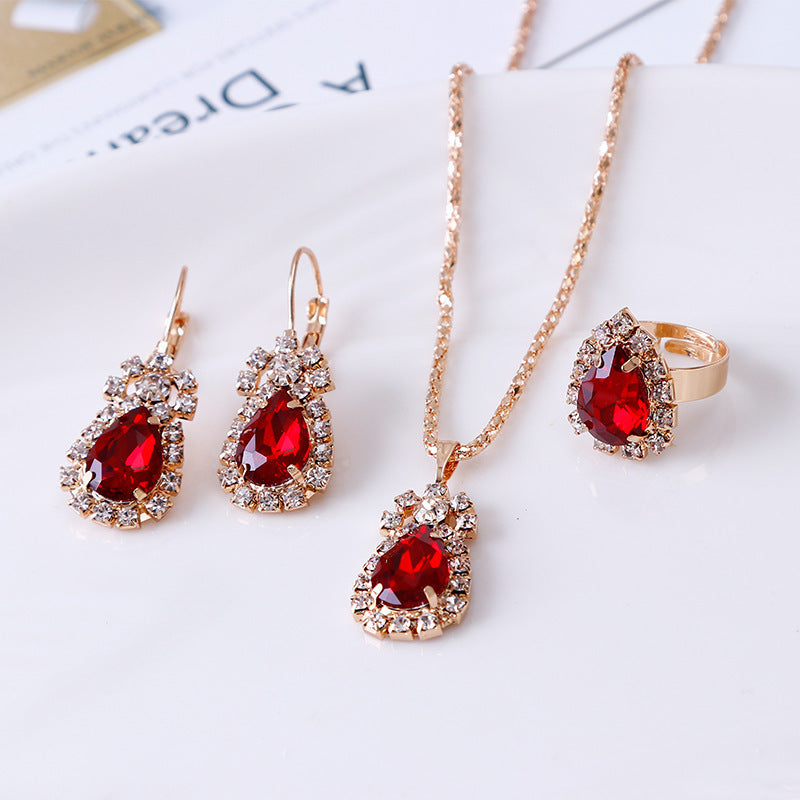 Water drop rhinestone necklace earrings ring set - ShreeBliss