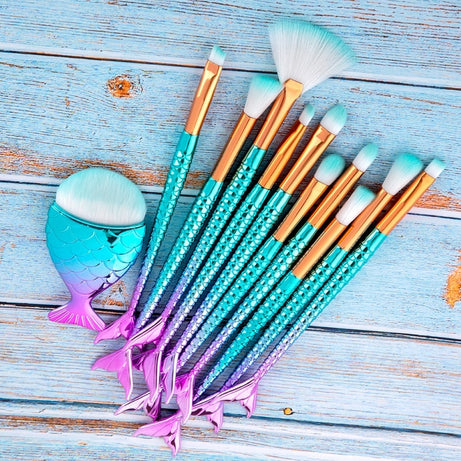 11pcs Mermaid Makeup Brushes Kit - Foundation, Eyebrow & Eyeliner Brushes - ShreeBliss