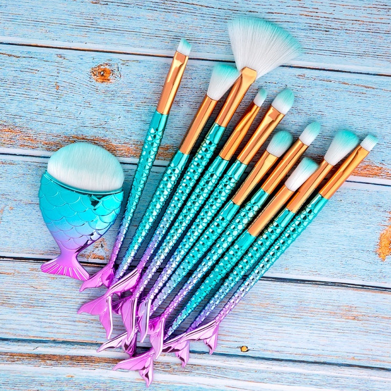 11pcs Mermaid Makeup Brushes Kit - Foundation, Eyebrow & Eyeliner Brushes - ShreeBliss
