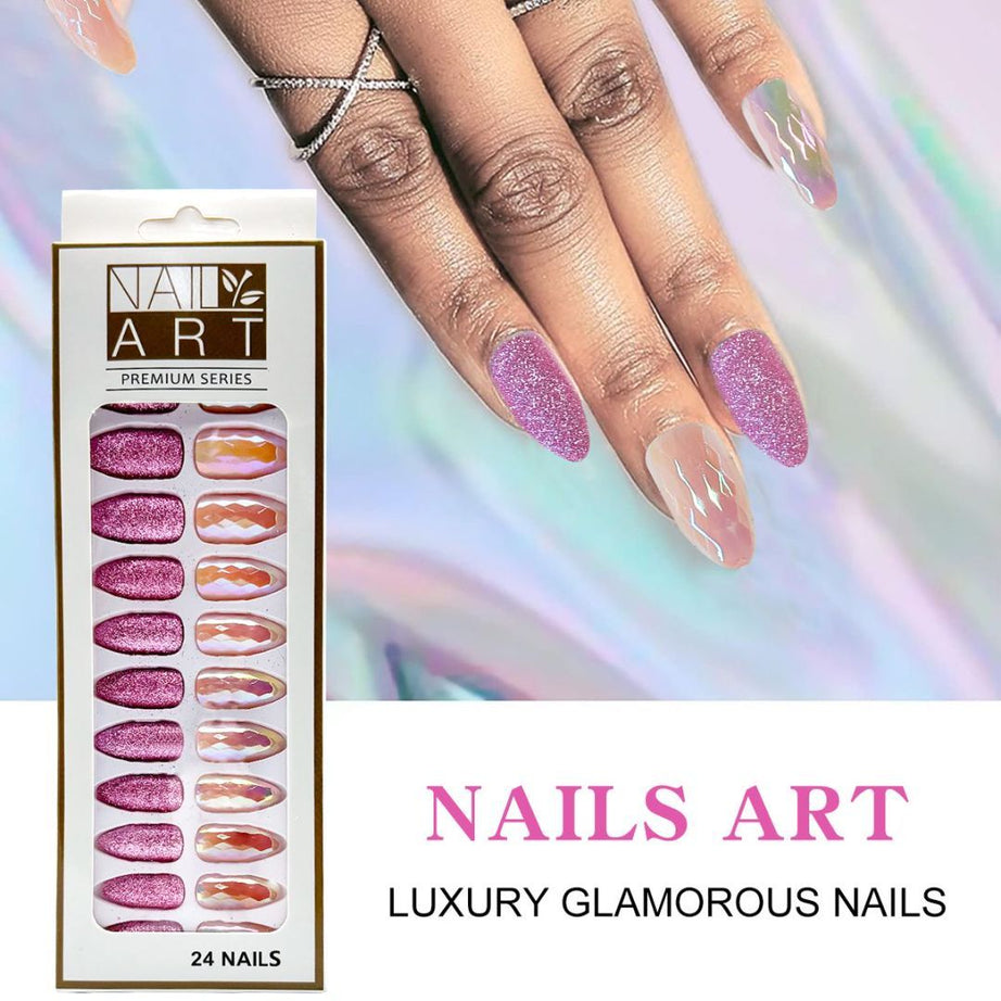 L-3 Sequins Gold Powder Nails (24 Pieces) - ShreeBliss