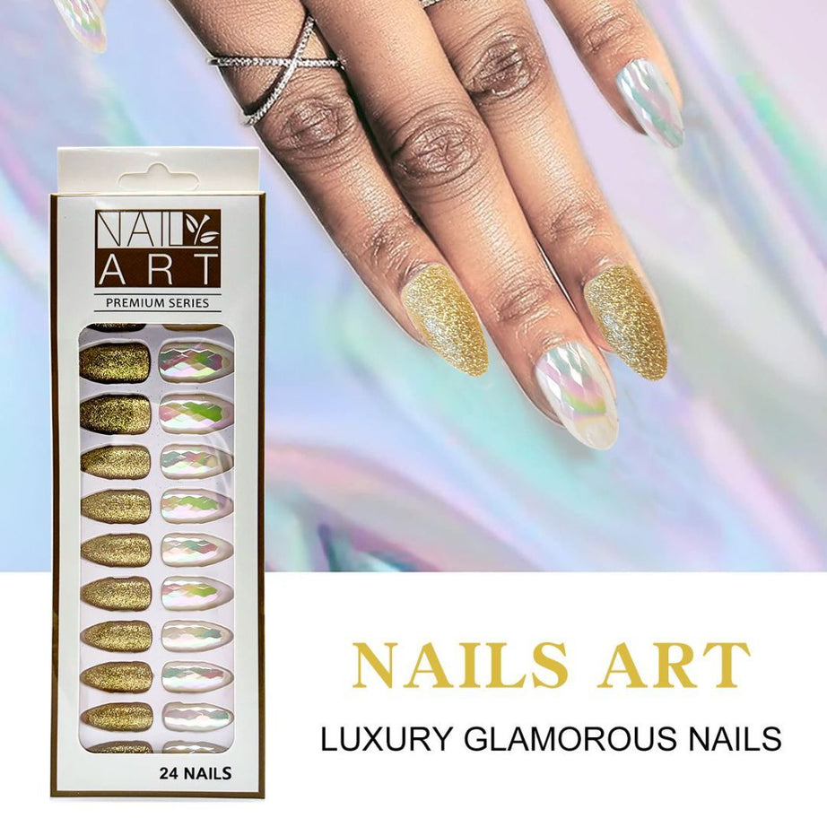 L-3 Sequins Gold Powder Nails (24 Pieces) - ShreeBliss