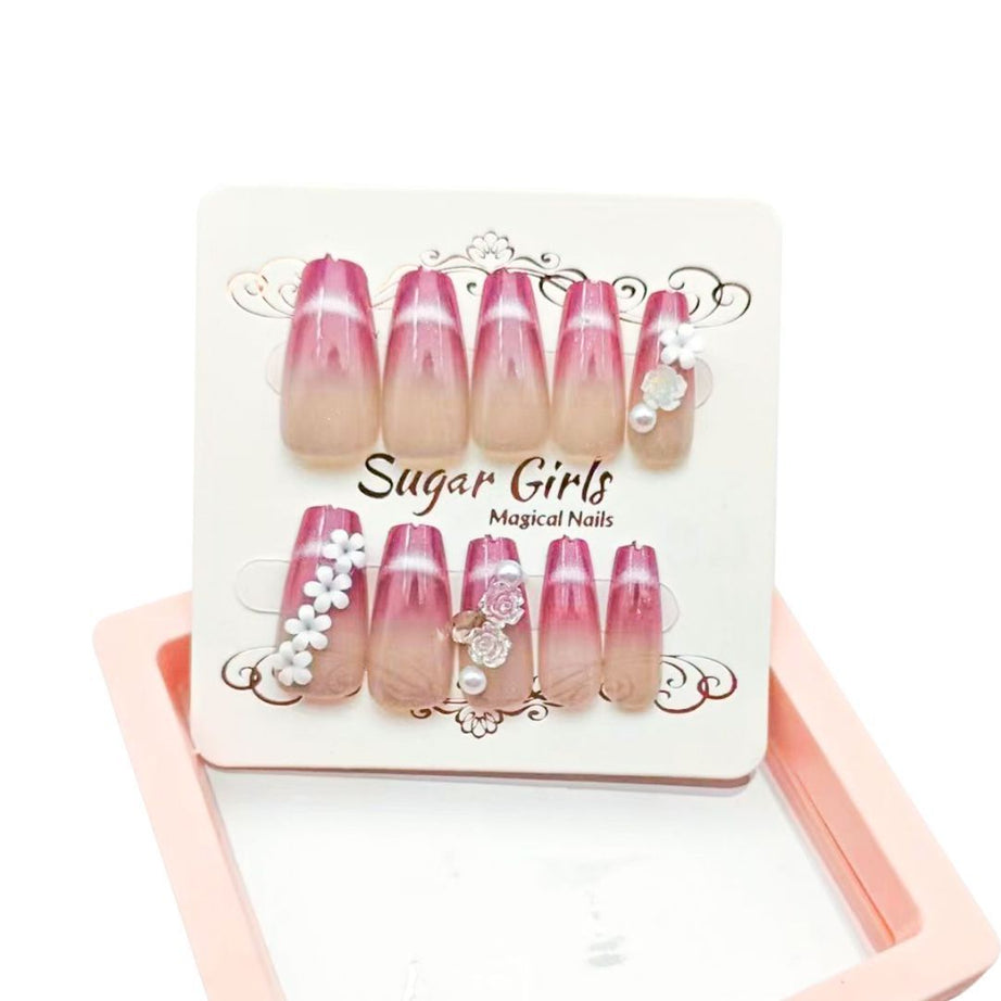 Dark Red Nails Inlaid with Small White Pieces - ShreeBliss