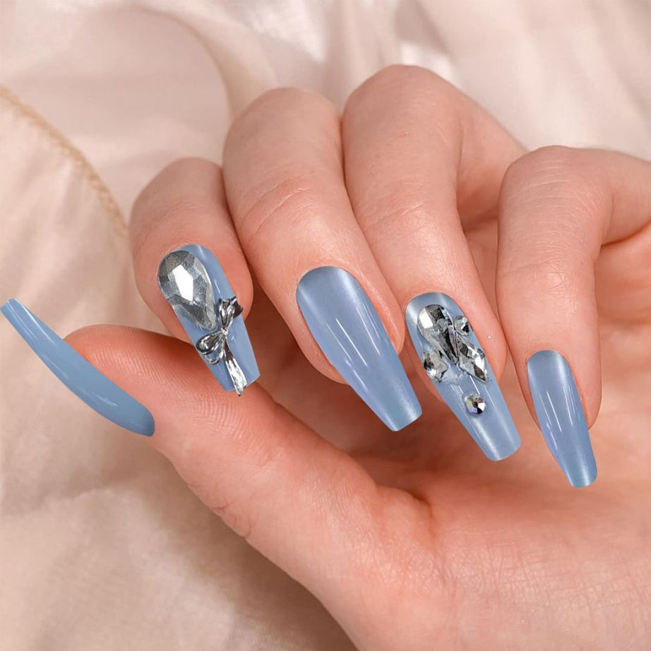 Blue Nails with Large Diamonds - ShreeBliss