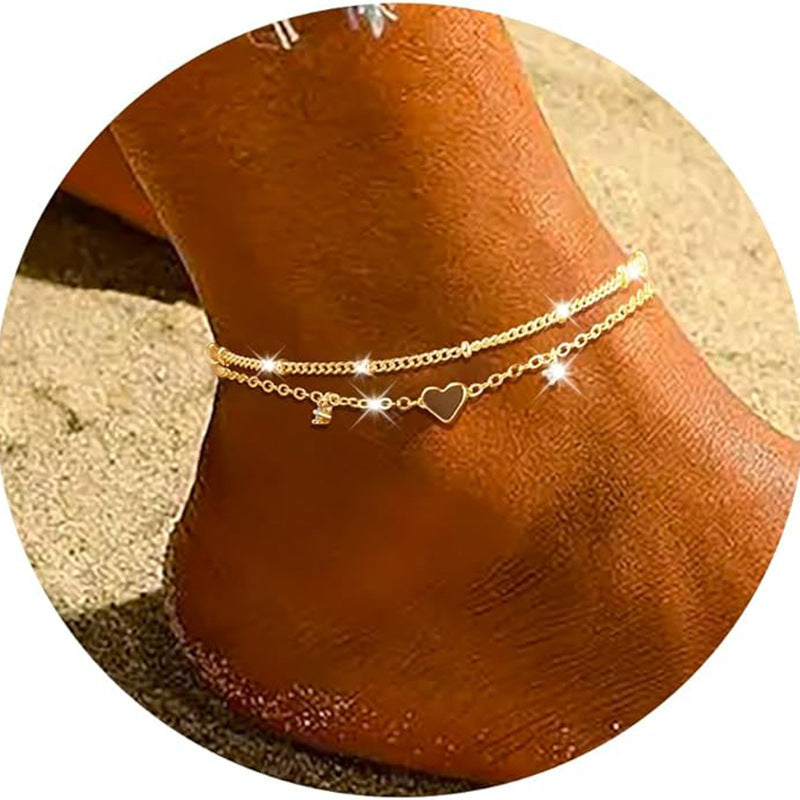 Fashion Heart-shaped Zircon Anklet Women's Waterproof Simple Heart-shaped - ShreeBliss