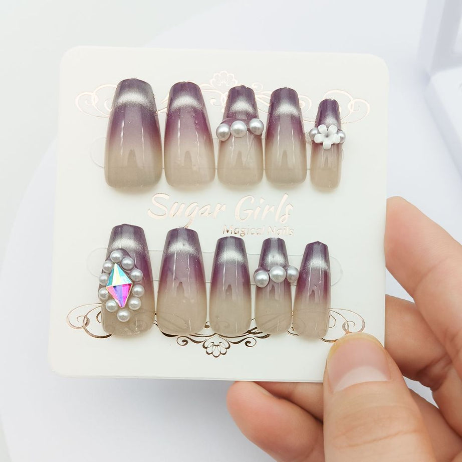 Eggplant Color Pearl & Diamond Nail Set - ShreeBliss