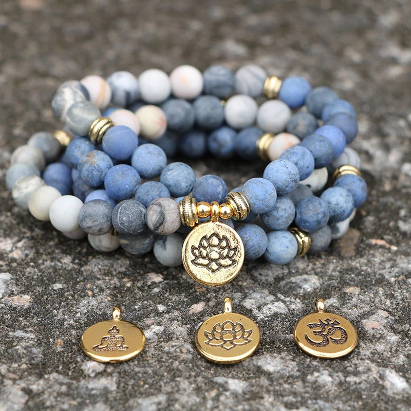 Amazing Stone Tiger Eye Stone Bracelet Necklace 108 Buddha Beads Lotus Bracelet - ShreeBliss