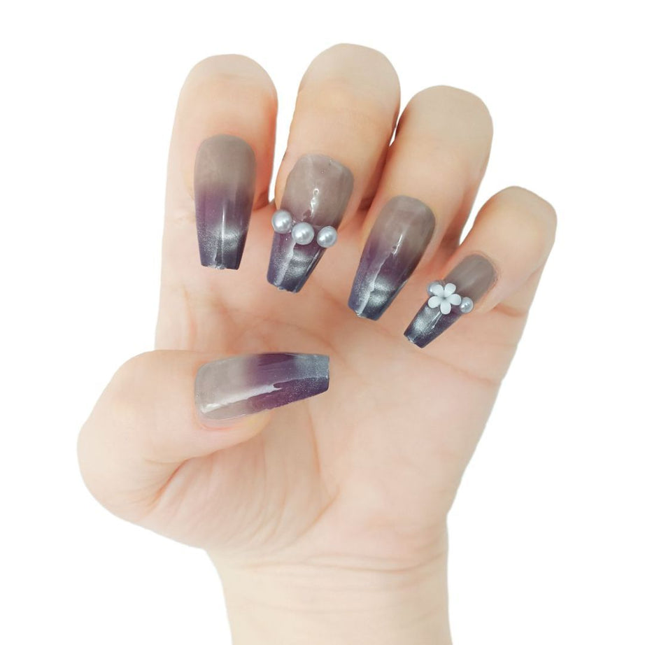 Eggplant Color Pearl & Diamond Nail Set - ShreeBliss