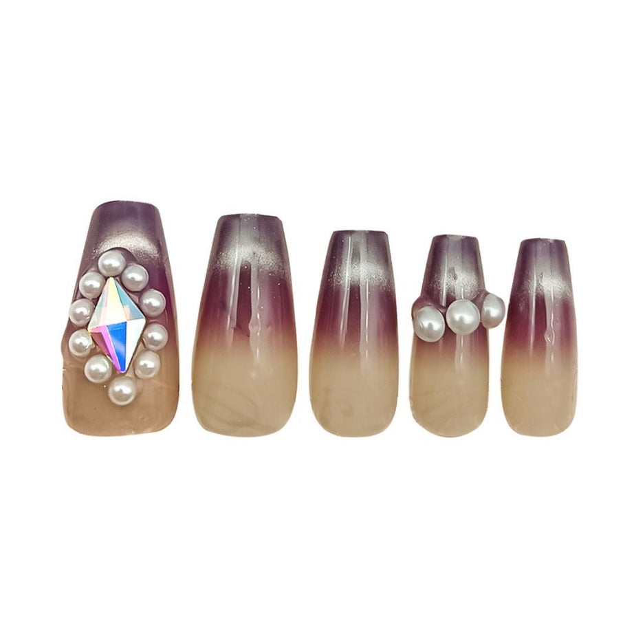 Eggplant Color Pearl & Diamond Nail Set - ShreeBliss