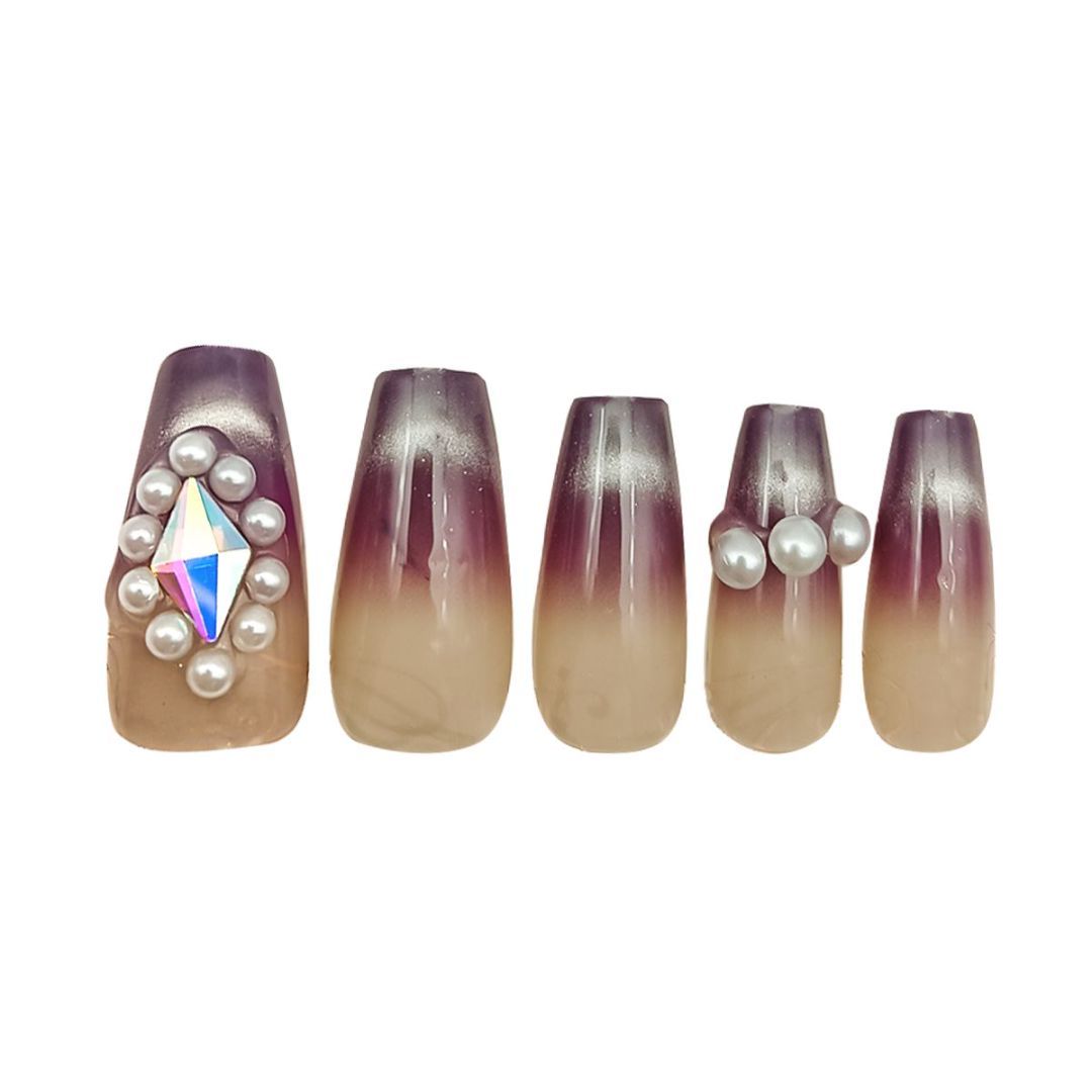 Eggplant Color Pearl & Diamond Nail Set - ShreeBliss