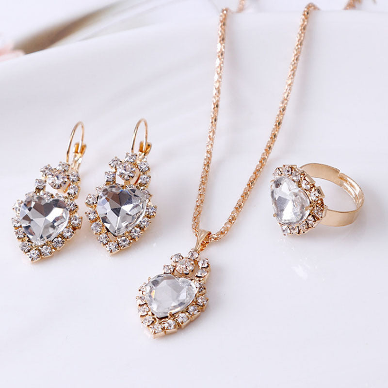 Water drop rhinestone necklace earrings ring set - ShreeBliss