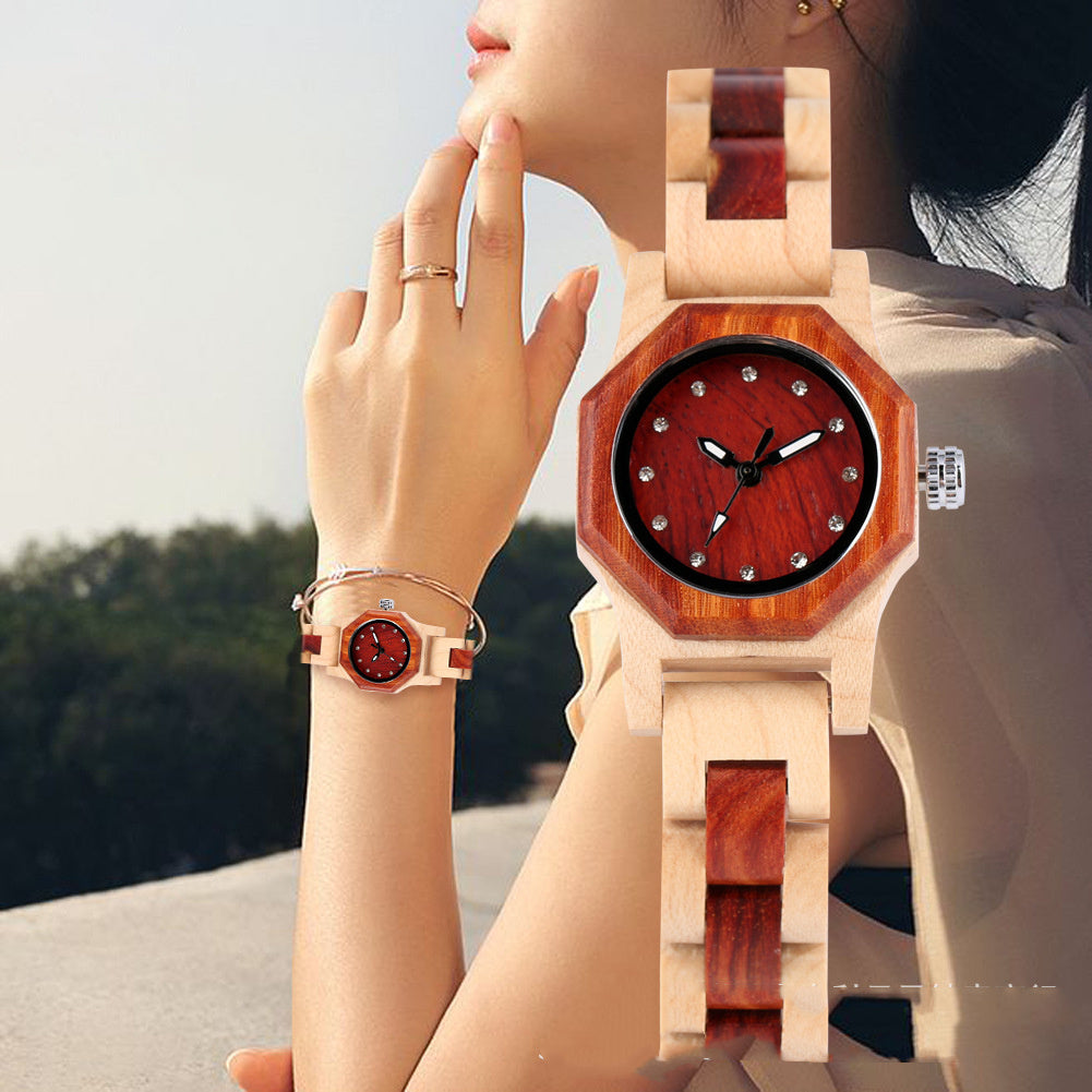 Diamond Octagon Face Wooden Bracelet Watch - ShreeBliss