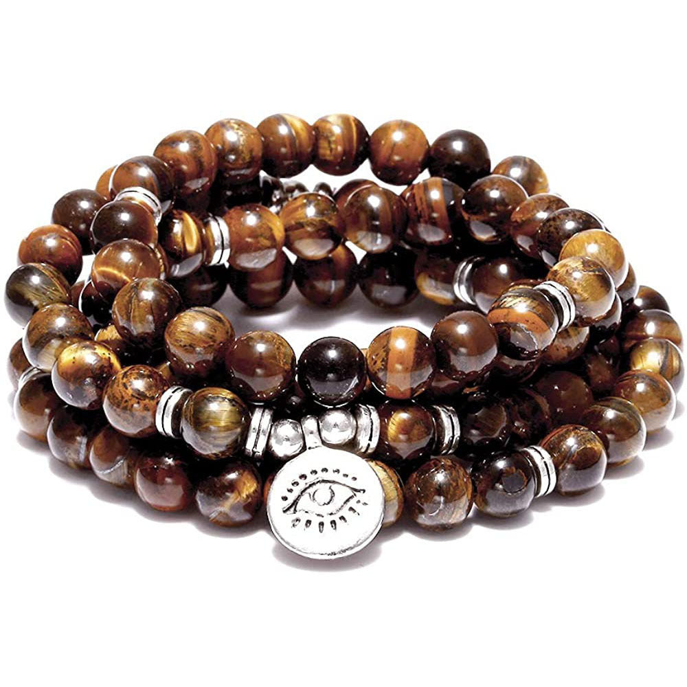 Amazing Stone Tiger Eye Stone Bracelet Necklace 108 Buddha Beads Lotus Bracelet - ShreeBliss