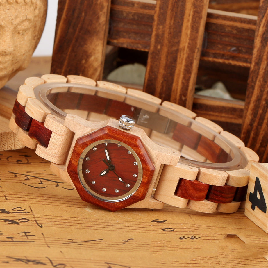 Diamond Octagon Face Wooden Bracelet Watch - ShreeBliss