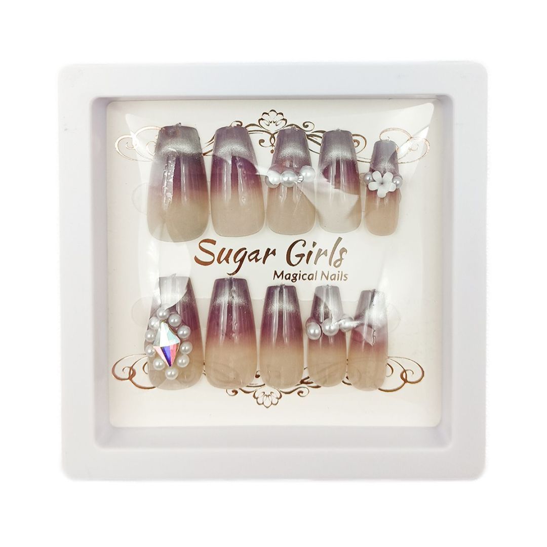 Eggplant Color Pearl & Diamond Nail Set - ShreeBliss