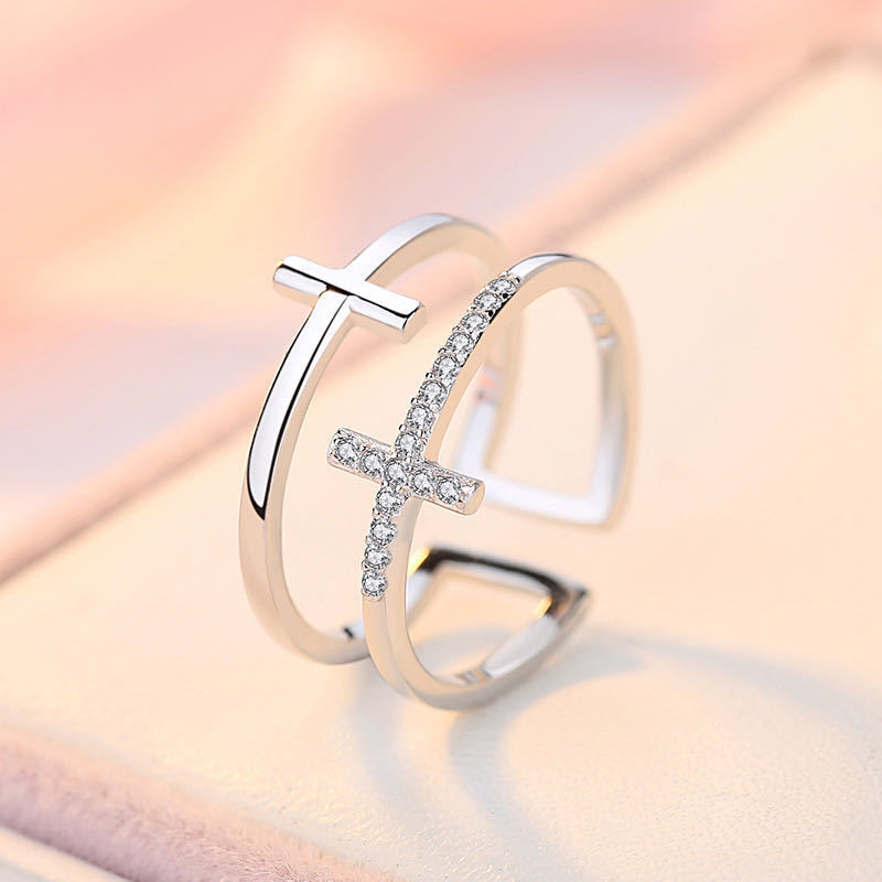 Double Cross Miniature Copper Inlaid Zircon Ring - ShreeBliss