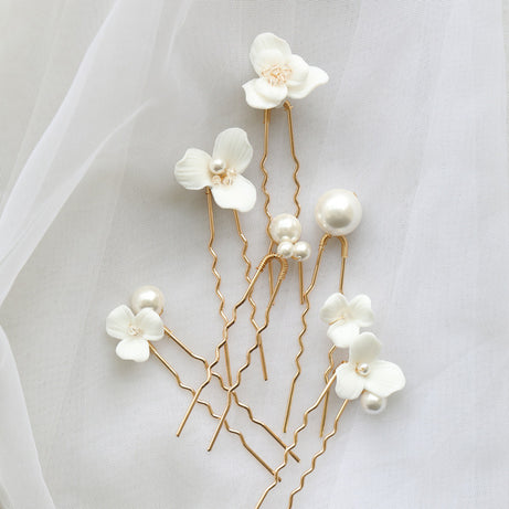 Ceramic Flower Pearl Bridal Hairpin – ShreeBliss