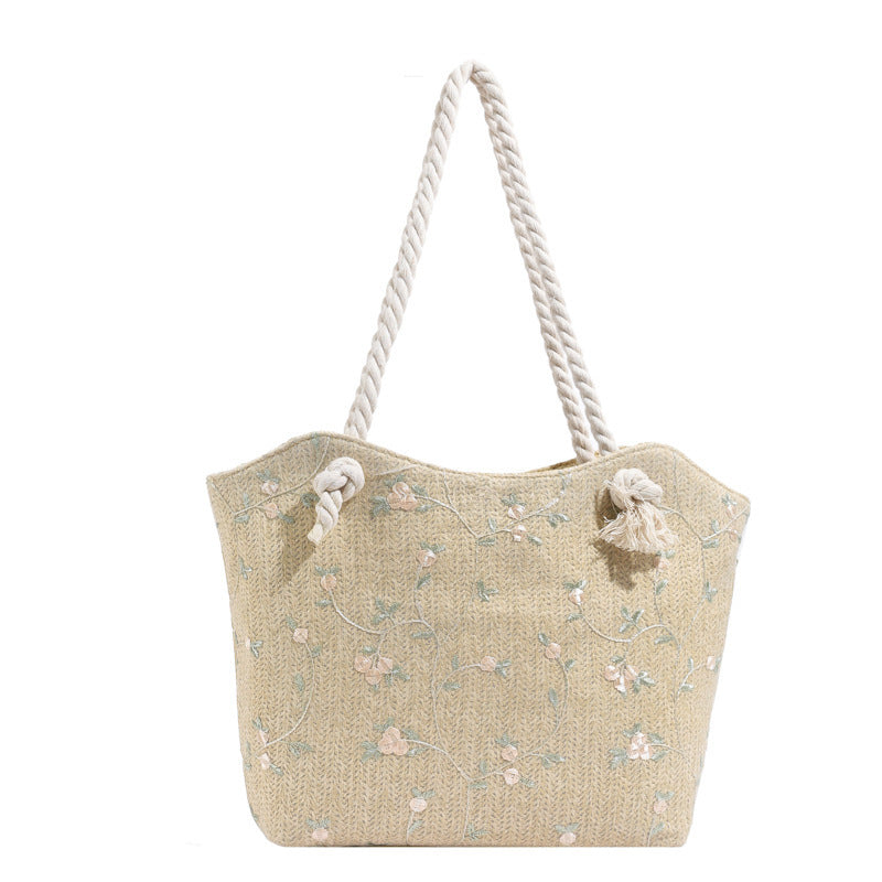 New Simple Straw Shoulder Bag with Lace & Flower Design - Large Capacity Fashion Women’s Handbag - ShreeBliss