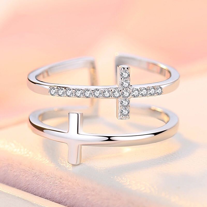 Double Cross Miniature Copper Inlaid Zircon Ring - ShreeBliss