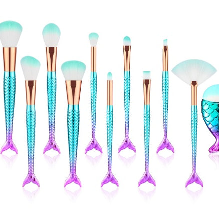 11pcs Mermaid Makeup Brushes Kit - Foundation, Eyebrow & Eyeliner Brushes - ShreeBliss