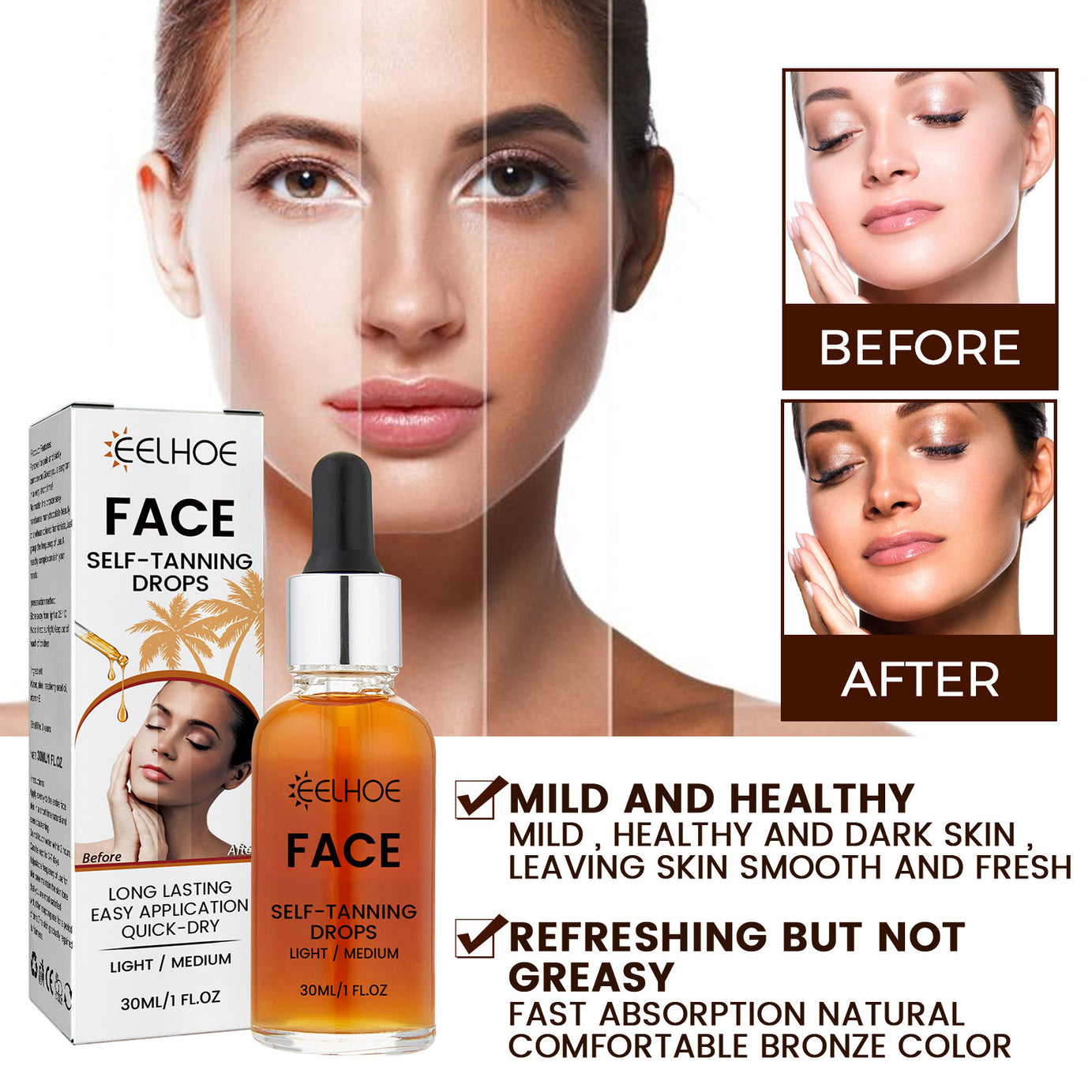 EELHOE Facial Tanning Essence - Natural Bronzed Skin & Hydration - ShreeBliss